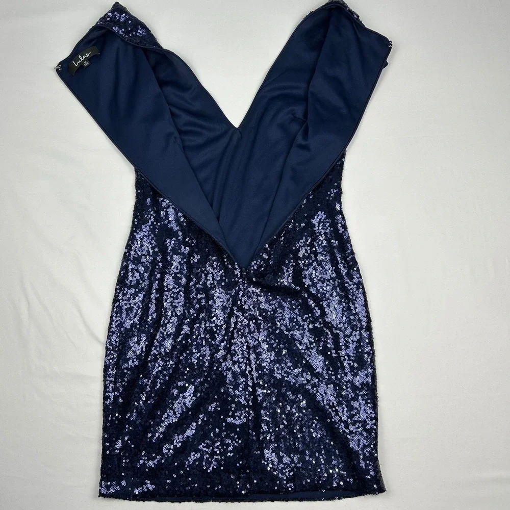 Lulus Navy‎ Blue Sequin V-Neck Cap Sleeve Mini Cocktail Dress Womens Small